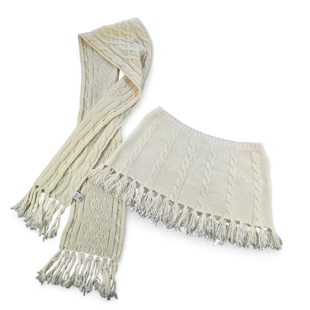 Y2K '04 Old Navy Lambswool Cable Knit Fringe Scarf & Mini Skirt Set S/M Cream
